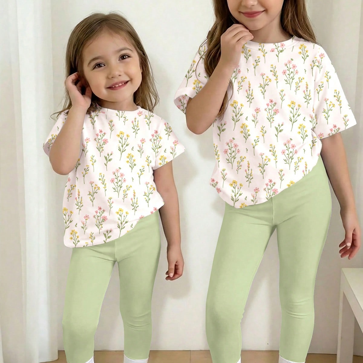 Set de 2 piezas: Camiseta de manga corta holgada con cuello redondo y estampado floral + Pantalones de ajuste relajado para niña, conjunto cómodo pa
