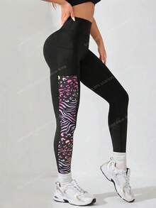 SHEIN Sports 女士斑马豹纹休闲运动紧身裤瑜伽裤 - 黑色 - 查看 5