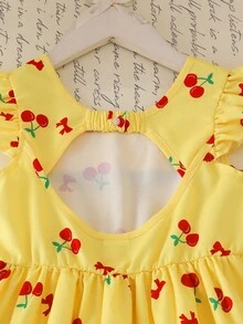 SHEIN Elladie kids 女童甜美櫻桃印花荷葉袖 A 字版型 U 背對比蝴蝶結洋裝，適合度假與戶外，夏季穿著 - 彩色 - 查看 6