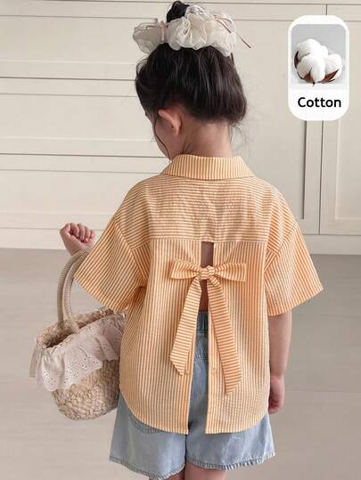 SHEIN Young Girl Casual Comfortable Striped Lapel Open Front Loose Short Sleeve Hollow Back Woven Shirt