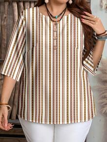 EMERY ROSE Plus Size Women Casual Striped Short Sleeve Shirt, Suitable For Summer - Multicolor - View 7