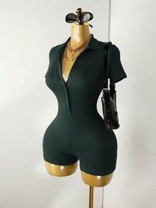 Mistrie Women's Solid Color Button Half-Placket Casual Fitted Romper - Olive Green - View 3