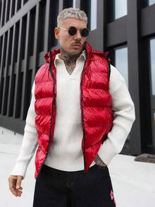 Artur Kramer Men's Simple Solid Color Zip-Up Hooded Padded Vest, Autumn/Winter Puffer Vest Red Clothes Red Puffer Vest Vests Red Vest - Red - View 4