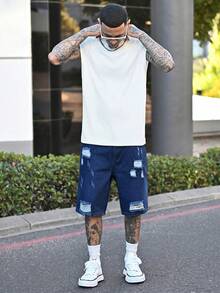 Devon Thys Men's Casual Ripped Straight Leg Blue Denim Shorts, Street Fashion For Spring/Summer - Dark Wash - View 5