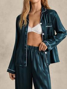 EverLounge Contrast Piping Satin Pajama Set, Fall Winter Clothes - Teal Blue - View 4