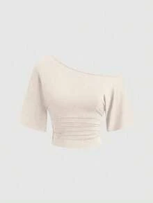 Sweetra Women's 3 Pieces Set Oblique Shoulder Gathered Waist T-Shirt - Multicolor - View 4