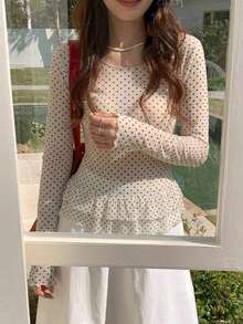 DAZY Women's Polka Dot Sheer Long Sleeve Crew Neck Undershirt, Spring/Summer - Apricot - View 5