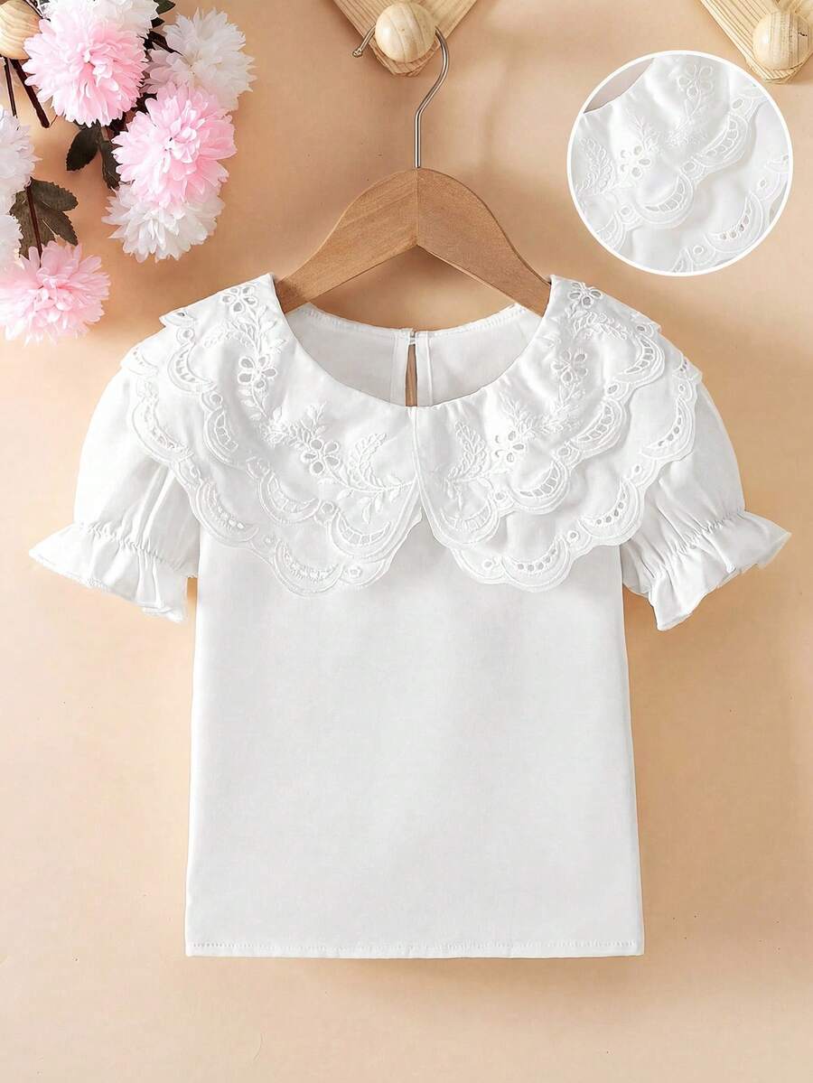 SHEIN Genkimix Kids 少女优雅时尚双层提花领泡泡袖纯色公主风上衣，适合度假、旅行、上学、聚会、生日礼物等场合，夏季穿着