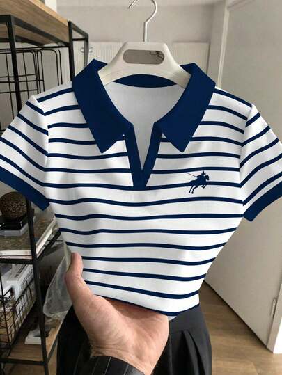 Rovax American Equestrian Striped Print T-Shirt, Women's Short Fitted Contrast Collar Polo Shirt, Plus Size