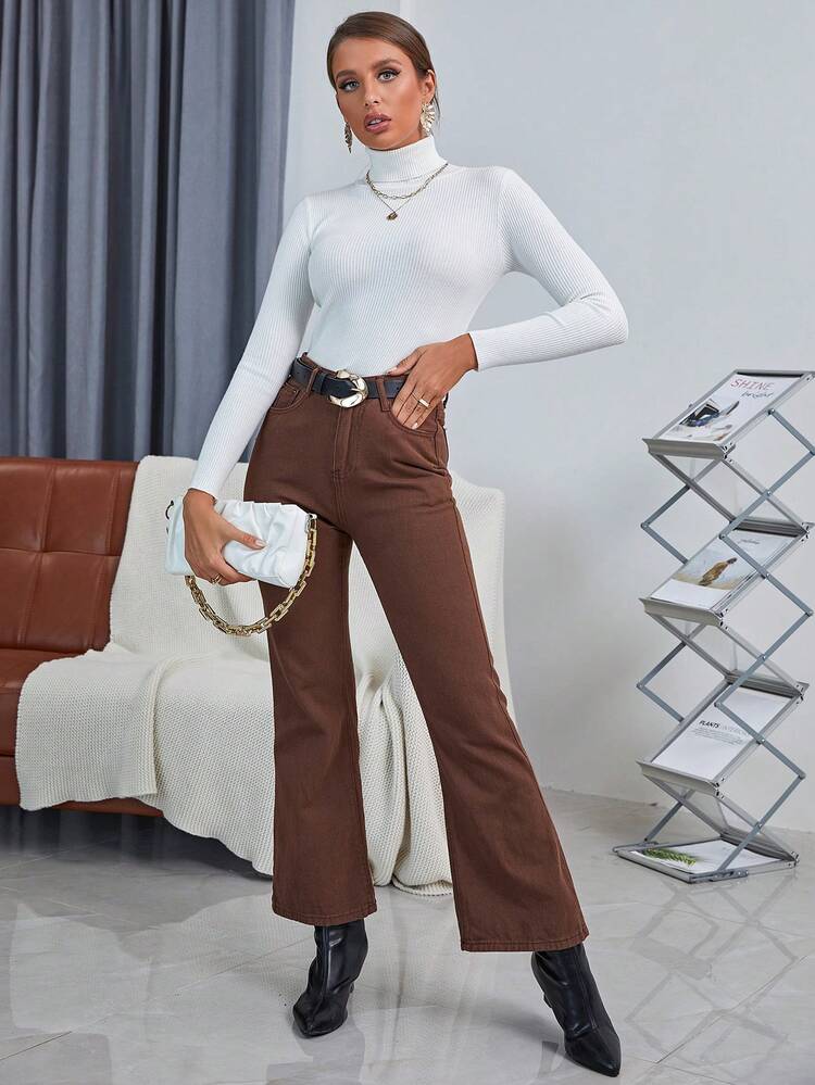 EMERY ROSE Solid High Neck Rib Knit Sweater,Long Sleeve Tops Knit Pullover Fall Winter - White - View 3