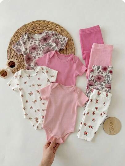 Vintaside Niños Conjunto de 4 piezas Niña bebé/niña pequeña Pantalones de leggings informales a juego con todo Estilo retro pastoril Suave y transpirable Floral, Botánico, Rosa, unicolor Albaricoque Adecuado para uso primaveral/verano o juego al aire libre de alto costo-efectividad