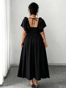 Elenzga 大尺碼女款優雅極簡通勤日常時尚休閒度假派對購物性感宴會聖誕萬聖節節日婚禮伴娘長裙，黑色方領肩部蝴蝶結梭織面料A字版型 - 黑色 - 查看 2