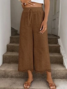 Easowa Women's Casual Eyelet Embroidery Cropped Pants, Suitable For Vacation Outdoor, Autumn Vacation Brown - Khaki - View 7