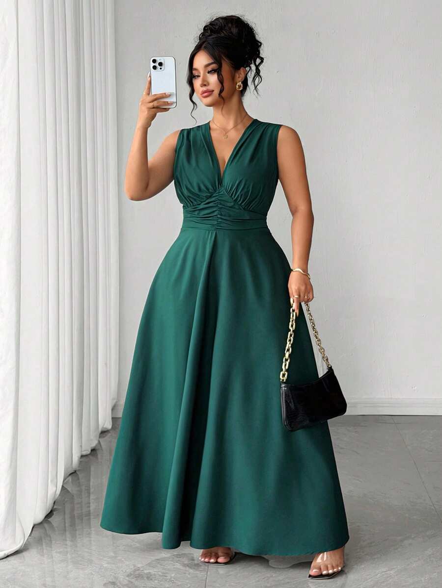 Elenzga Đầm xòe cổ chữ V thanh lịch kiểu Pháp thời trang mùa hè, màu xanh ô liu. - Màu xanh lá cây đậm - Xem 1