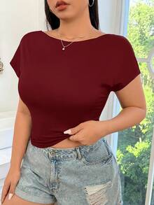 SHEIN EZwear Plus Size Wine Red Backless Tight Fitting Short Sleeve T-Shirt, Summer Fashion - Burgundy - View 2