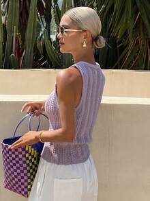 DAZY Solid Color Fitted Cinched Waist Sleeveless Round Neck Casual Chic French Vacation Autumn Top Traveling Light Purple School - Mauve Purple - View 2