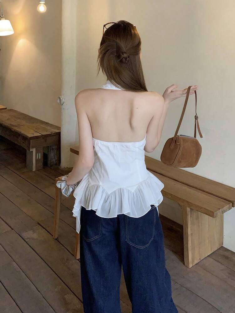Women's Solid Color Asymmetrical Hem Halter Backless Casual Summer Tank Top