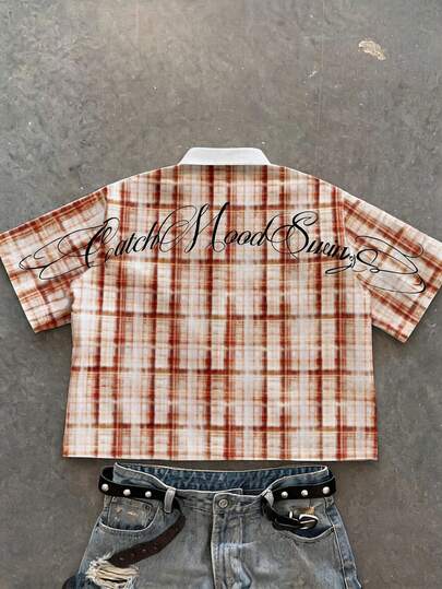 Manfinity ZONE917 Boxy Short Loose Distressed Washed Rust Pink Floral English Letter Full Print Short Sleeve Shirt