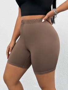 SHEIN Essnce Quần short nữ cỡ lớn thời trang xuân/hè, chất liệu co giãn, thoải mái, đa năng, màu đen, nâu và họa tiết da báo, kiểu dáng quần short đi xe đạp, phong cách đường phố, quần short mùa hè, trang phục đi chơi, quần short ôm dáng, quần short đạp xe. - Nhiều màu - Xem 3
