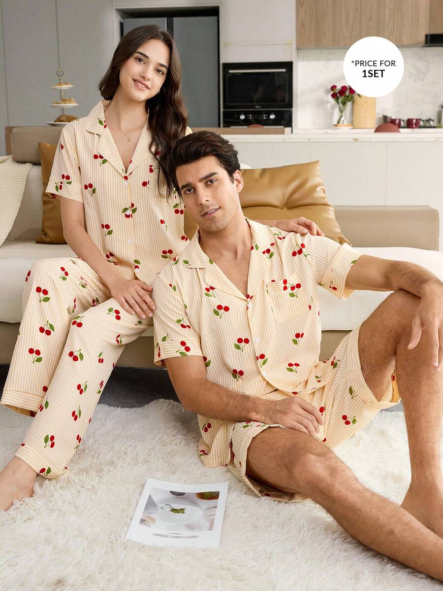 CoupledUp Striped Cherry Print Lapel Short Sleeve Shorts Men's Pajama Set - Yellow - View 1
