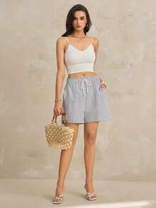 SHEIN Tall 女士条纹弹力腰带短裤，带口袋，夏季休闲款 - 藍色 - 查看 4