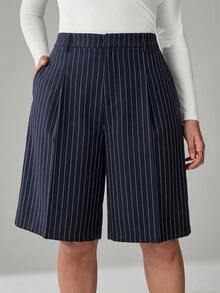 SHEIN Tall CURVE Quần short nữ cỡ lớn kẻ sọc có túi, kiểu dáng thời trang, đa năng, phù hợp cho đi làm và công sở. - Màu xanh hải quân - Xem 11