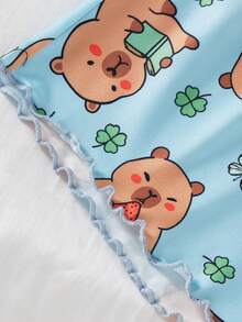 Girls' Sleeveless Pajamas Set, Cute Capybara Design, Comfortable Soft Fabric, Lazy Yet Playful Homewear Style - Mint Green - View 4
