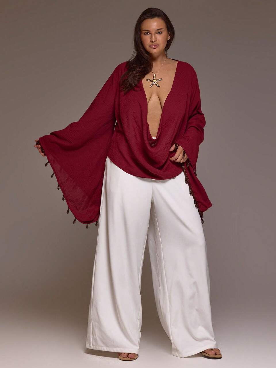 Curve Red Beaded Woven Plunge Cowl Long Sleeve Top