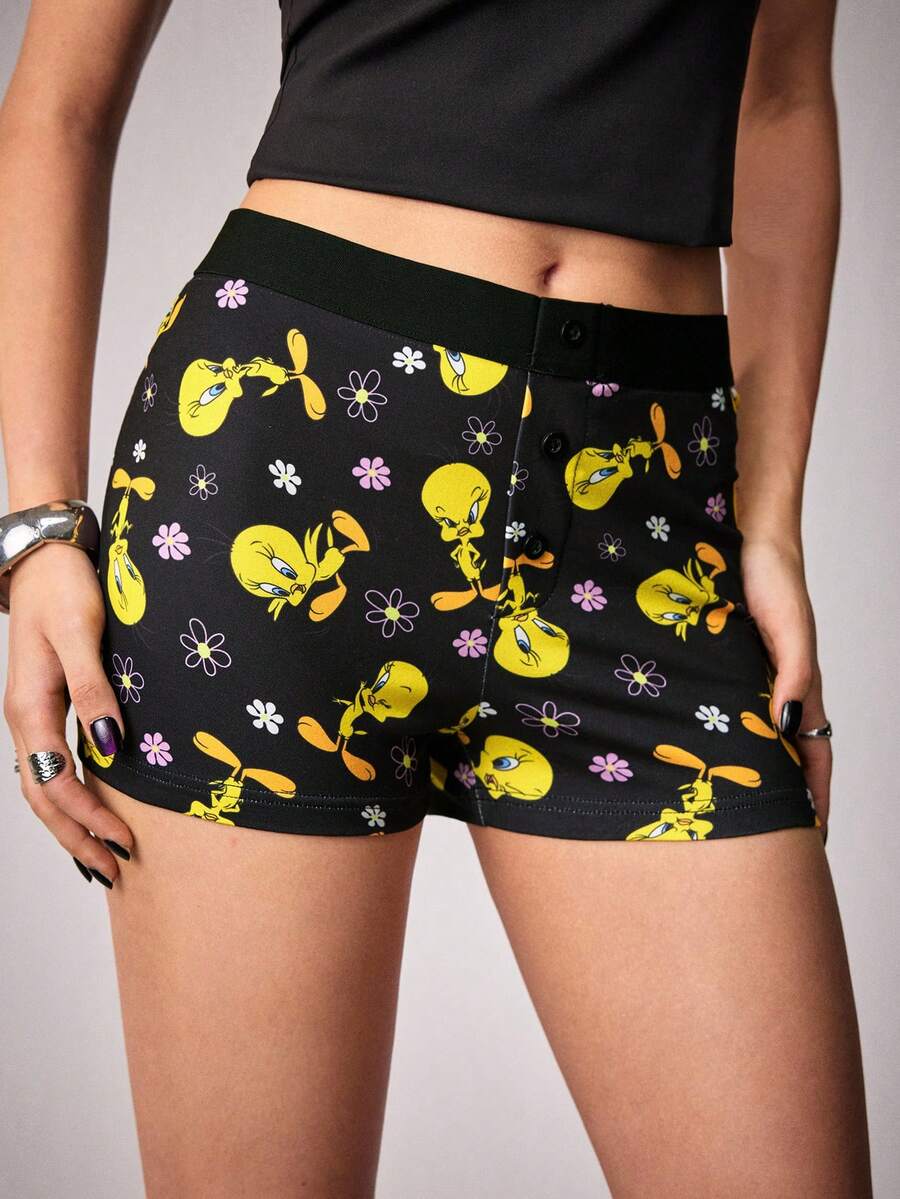 LOONEY TUNES X SHEIN Women's Cartoon Print Leggings, - Black - View 1