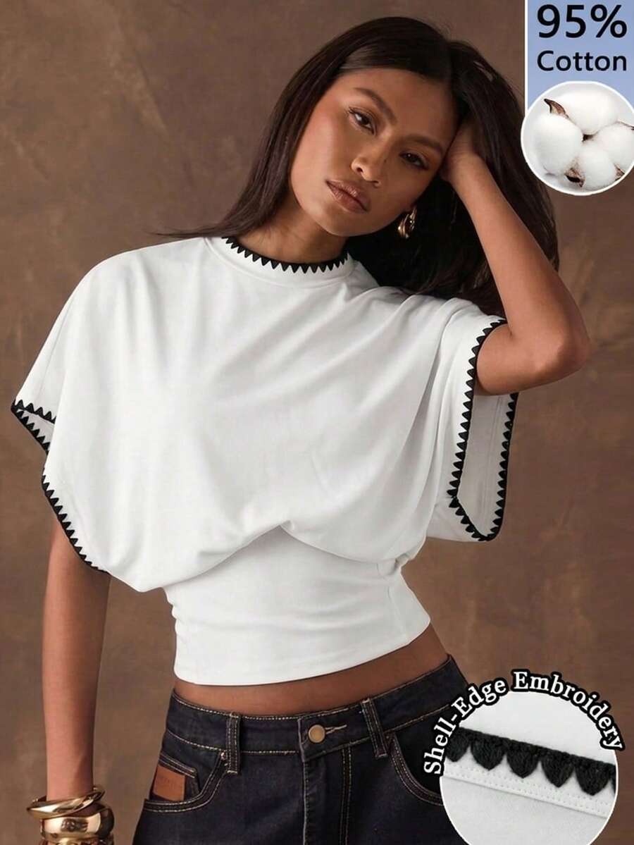 SHEIN BAE 女士95%纯棉黑白贝壳刺绣休闲简约优雅百搭蝙蝠袖收腰T恤 - 完美适用于春夏、办公室通勤、优雅度假海滩装、音乐节派对、夏季假期、热带度假、海滩之旅、音乐节、毕业季及外出场合 - 彩色 - 查看 1
