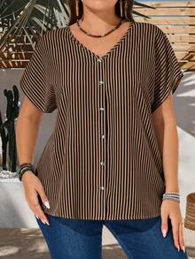 EMERY ROSE Plus Size Women Striped Short Sleeve Single-Breasted Casual Shirt Summer Outfit For Festival Outfits Beach Vacation Holiday Country Concert - Multicolor - View 3
