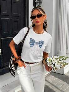 SHEIN Frenchy Áo thun nữ cổ tròn dáng ôm, chất liệu 95% cotton, thiết kế nơ thêu, trang phục thường ngày cho nữ. - Nhiều màu - Xem 4