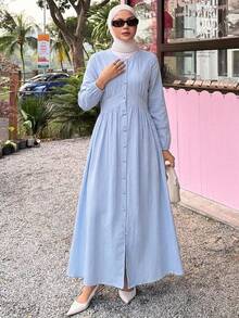 DAZY Gaun Wanita Elegan dengan Motif Renda Patchwork, Leher V, Panjang Sedang, Gaun Musim Semi/Panas - Biru - View 6