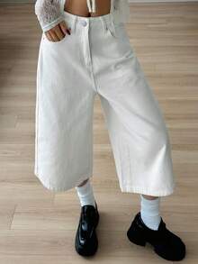 DAZY Shorts jeans femininos casuais, versáteis, de cor sólida e pernas largas. - Branco - Ver 5