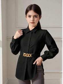 SHEIN Tween Girls' Solid Color Front Button Long Sleeve Metal Decor Casual White Shirt, Black Shirt, Back To School Season - Black - View 9