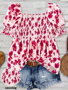 Linhara Square Neck Puff Sleeve Vintage Ditsy Floral Waist Cinched Shorts Plus Size Blouse - Pink - View 1