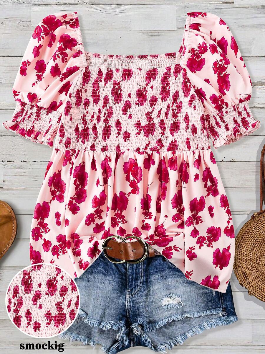 Linhara Square Neck Puff Sleeve Vintage Ditsy Floral Waist Cinched Shorts Plus Size Blouse - Pink - View 1