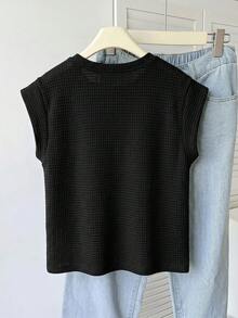 SHEIN 少女纹理圆领短袖休闲T恤，简约家居休闲服 - 黑色 - 查看 2