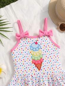 SHEIN Baby Girl Knitted Polka Dot Ice Cream Pattern Romper Swimsuit - Multicolor - View 6
