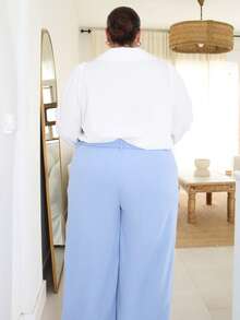 Pretty and Ole Plus Size Solid Color Front Button Pocket Casual Long Pants, Everyday Wear - Baby Blue - View 5