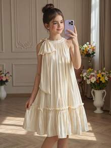 Pitira Đầm dự tiệc cho bé gái tuổi teen, màu mơ, có nơ, cổ yếm, bèo nhún, dáng rộng, bóng mượt, lộng lẫy, thanh lịch, phù hợp cho các bữa tiệc, mùa cưới, ngày lễ, ngày Valentine, đầm bé gái cầm hoa/phù dâu. - Màu be - Xem 1