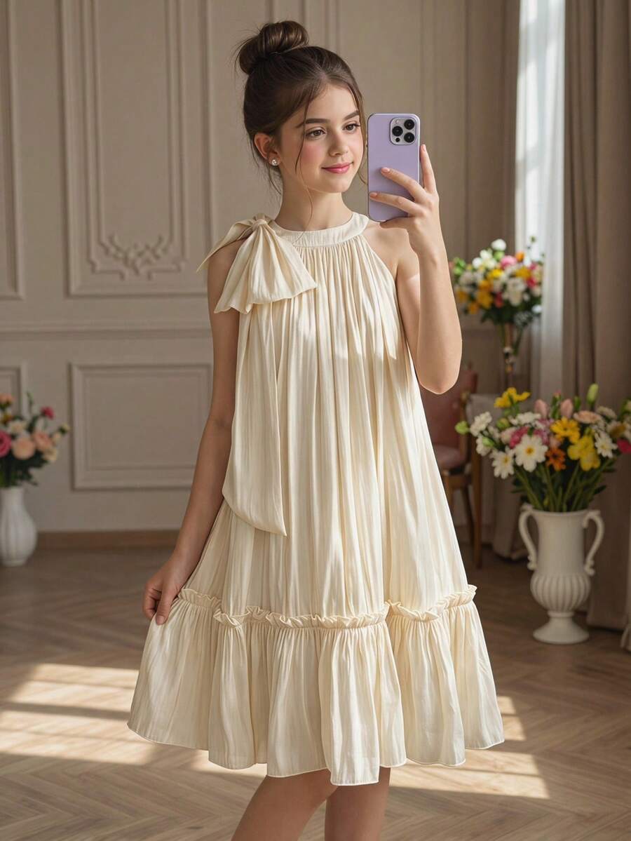 Pitira Đầm dự tiệc cho bé gái tuổi teen, màu mơ, có nơ, cổ yếm, bèo nhún, dáng rộng, bóng mượt, lộng lẫy, thanh lịch, phù hợp cho các bữa tiệc, mùa cưới, ngày lễ, ngày Valentine, đầm bé gái cầm hoa/phù dâu. - Màu be - Xem 1