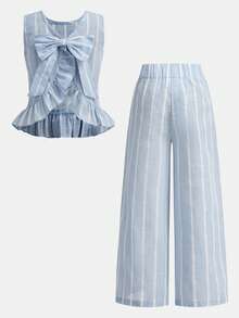 SHEIN Young Girl Casual Plaid Criss-Cross Top And Long Pants Set, Suitable For Daily Wear And Vacation - Blue - View 2