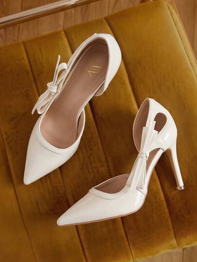 Eladyva Fashionable Bow-Knot White High Heel Shoes, Sexy Pointed Toe Party Wedding Hollow Out Stiletto Heels, Patent Leather,Elegant