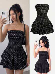 SHEIN 儿童/少女春夏法式时尚波点蕾丝荷叶边蝴蝶结设计办公室/休闲可爱甜美无肩带修身腰部层叠下摆黑色优雅连衣裙，女士连衣裙，少女短款休闲迷你连衣裙，秋冬打底衫 - 黑色 - 查看 1