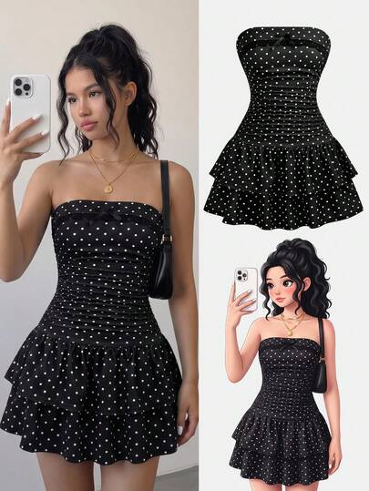 SHEIN Đầm đen thanh lịch kiểu Pháp chấm bi ren xếp tầng nơ dành cho bé gái/thiếu nữ mùa xuân/hè, thích hợp công sở/thường ngày, dễ thương, ngọt ngào, không dây vai, ôm eo, xếp lớp, thích hợp mặc đi làm hoặc dạo phố, đầm nữ, đầm ngắn mini thường ngày cho thiếu nữ, áo lót mùa thu/đông.