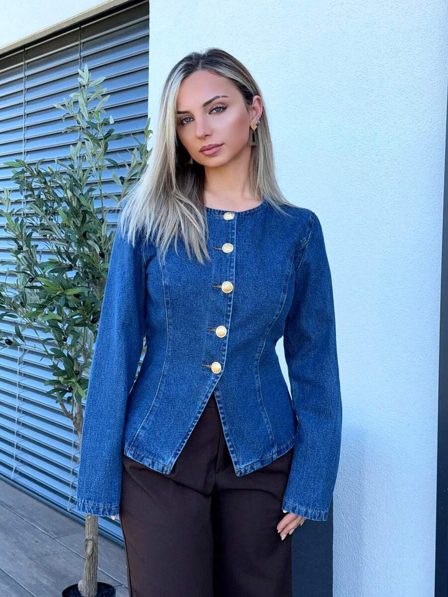 Jeta Ari Áo khoác denim thắt eo kim loại đơn hàng khuy đơn thời trang đường phố dành cho nữ - Rửa tối - Xem 1