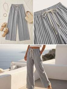 Palazzo Striped Pants With Elastic Waist - Grey - View 2