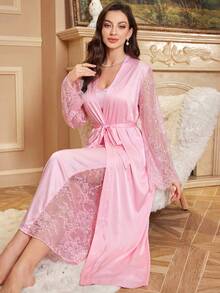 SHEIN Sexy High Slit Robe & Elegant Robe 2-Piece Sleepwear Set For Women, Autumn/Winter - Pink - View 4