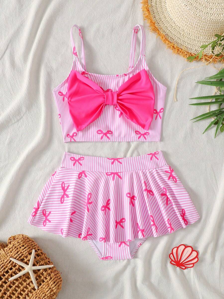 SHEIN 少女粉色條紋蝴蝶結泳衣套裝,夏季運動休閒海灘度假多功能穿搭,適合拍照、露營、購物、度假 - 粉色 - 查看 1
